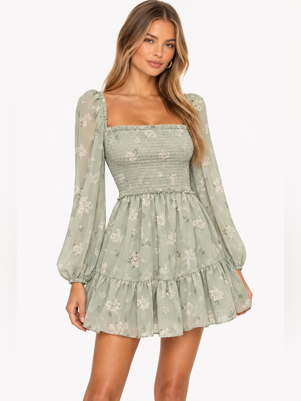 Smocked Square-Neck Long-Sleeve Floral Mini Dress - Sage Green